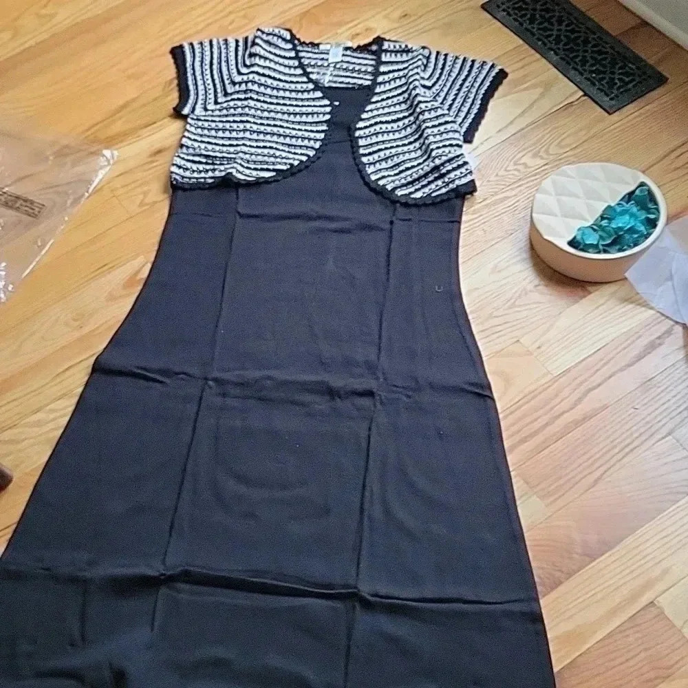 New Liz Claiborne Sleeveless Dress Crochet Balero Black & White Large Petite